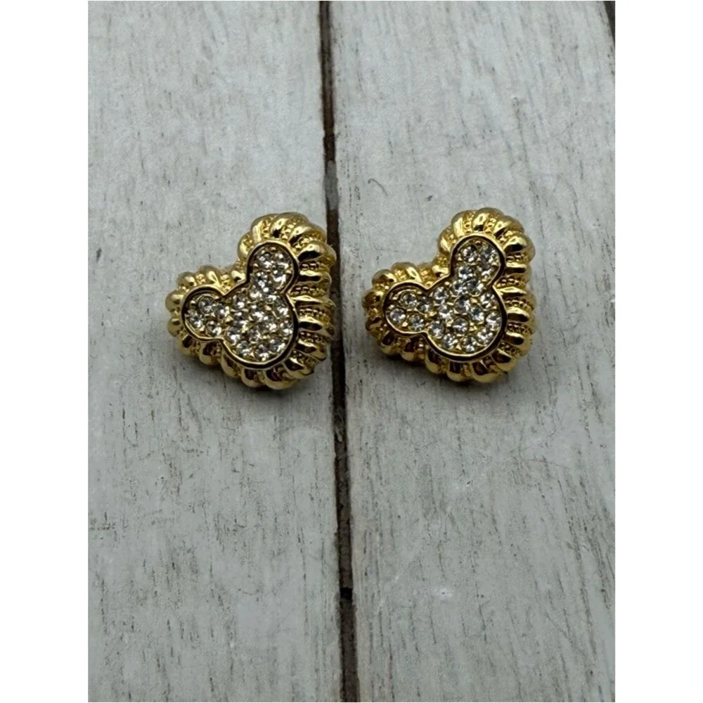 Disney Mickey Mouse Head Gold Tone Earrings w Rhinestones, Pierced